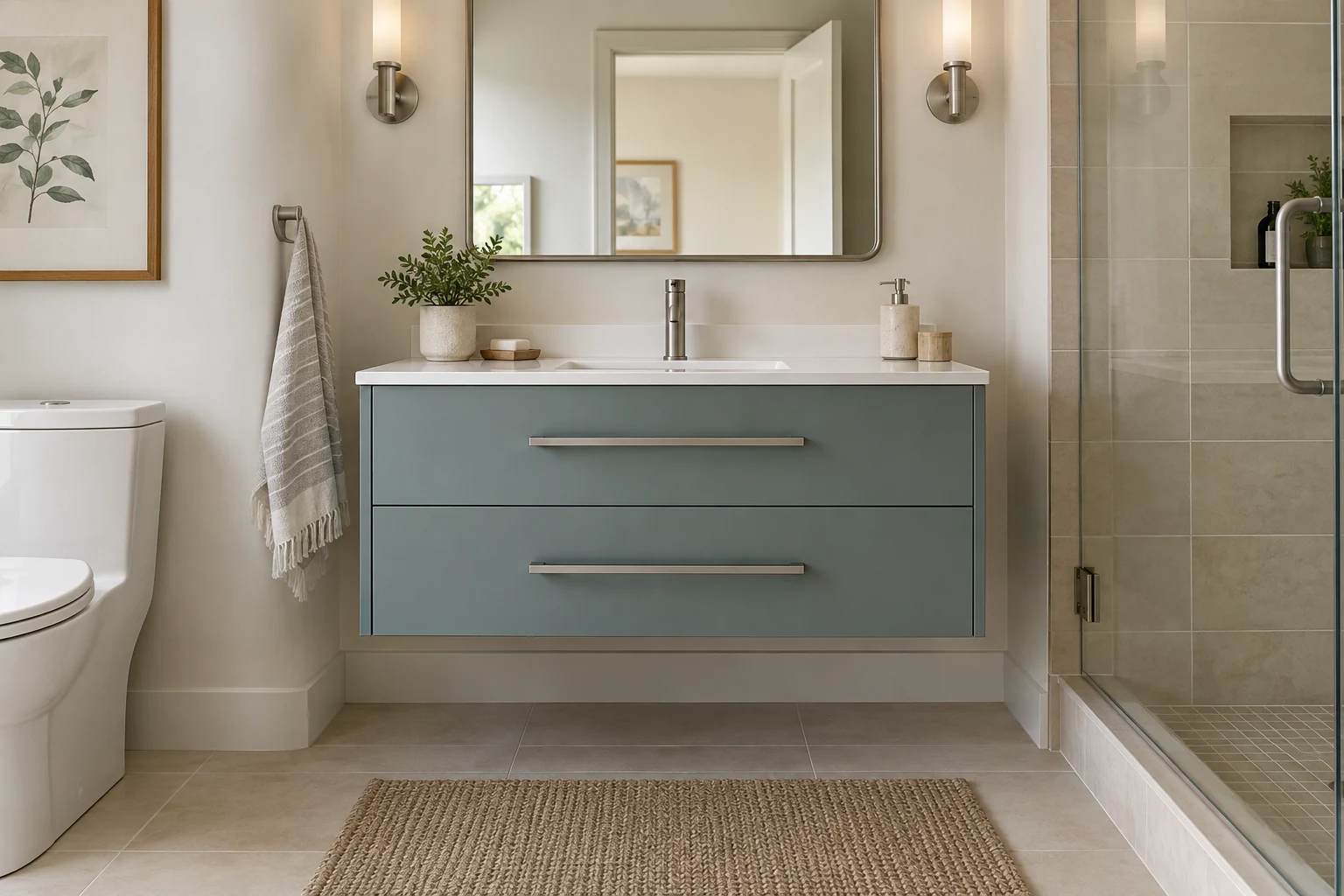 Illustrative example: wall-mounted blue-green vanity with nickel hardware