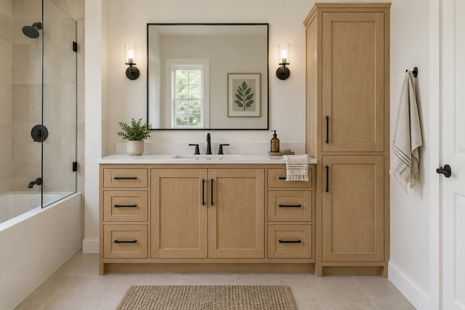 Illustrative example: single oak vanity with black hardware and linen storage