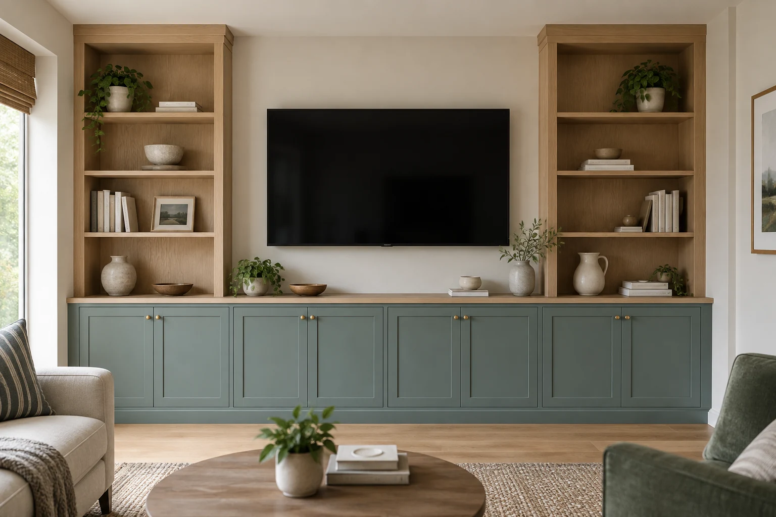 Illustrative example: blue-green media cabinets with oak bookshelves