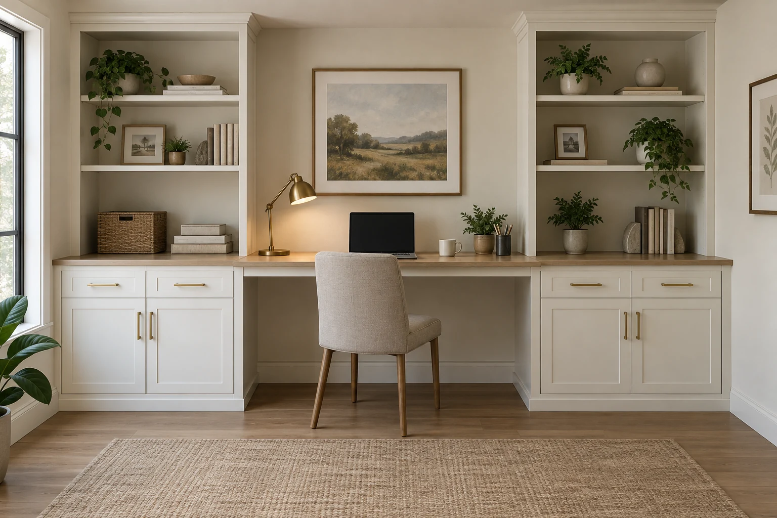 Illustrative example: home office built-in with a desk, drawers and open shelves
