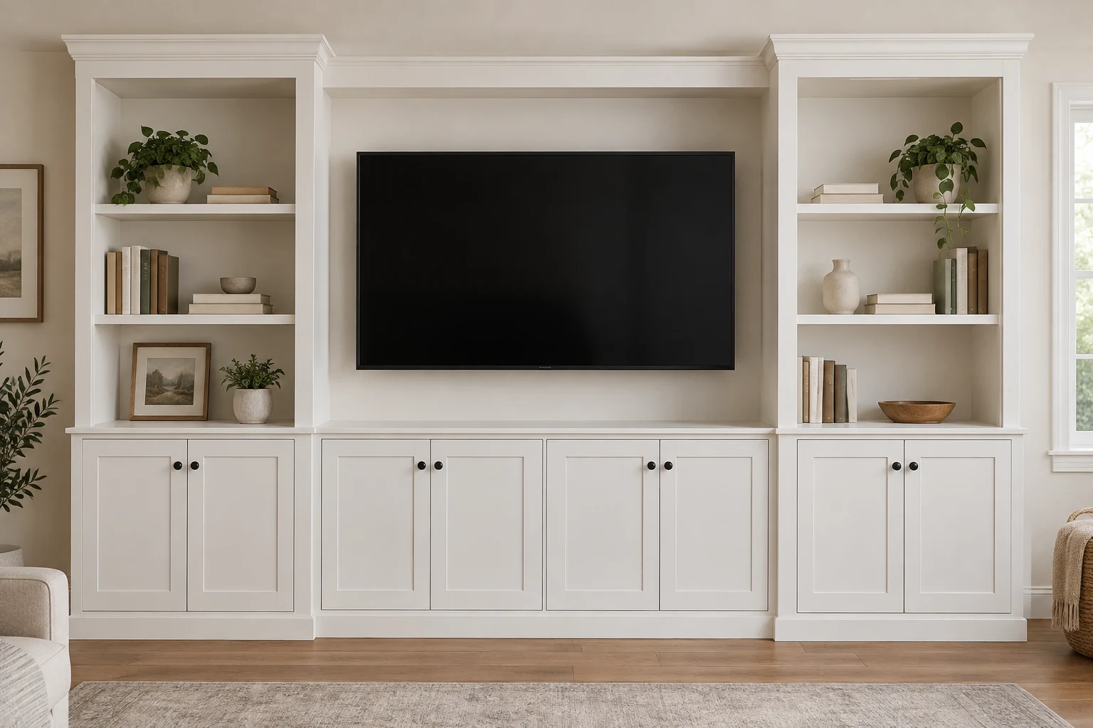 Illustrative example: simple living room built-ins with lower cabinets and open bookshelves