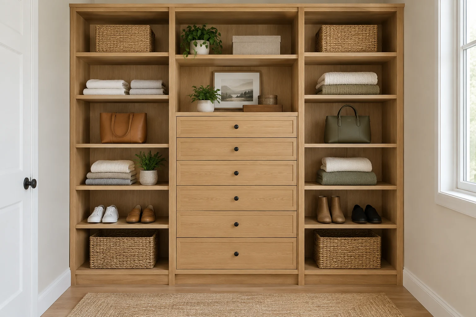 Illustrative example: oak closet storage with drawers and open shelves