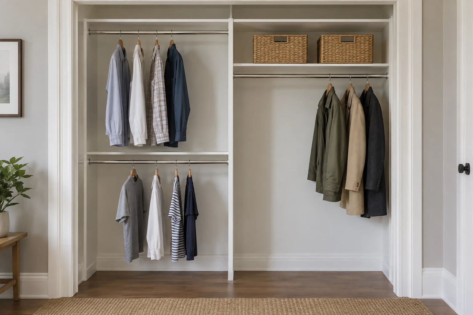 Illustrative example: white reach-in closet with double and long hanging rails