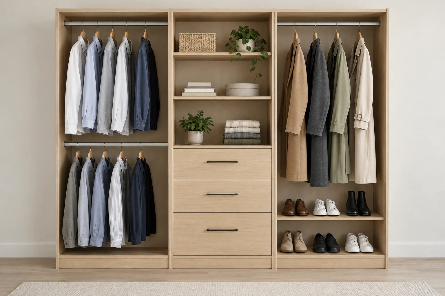 Illustrative example: simple closet display with hanging rails, shelves, drawers and shoe storage