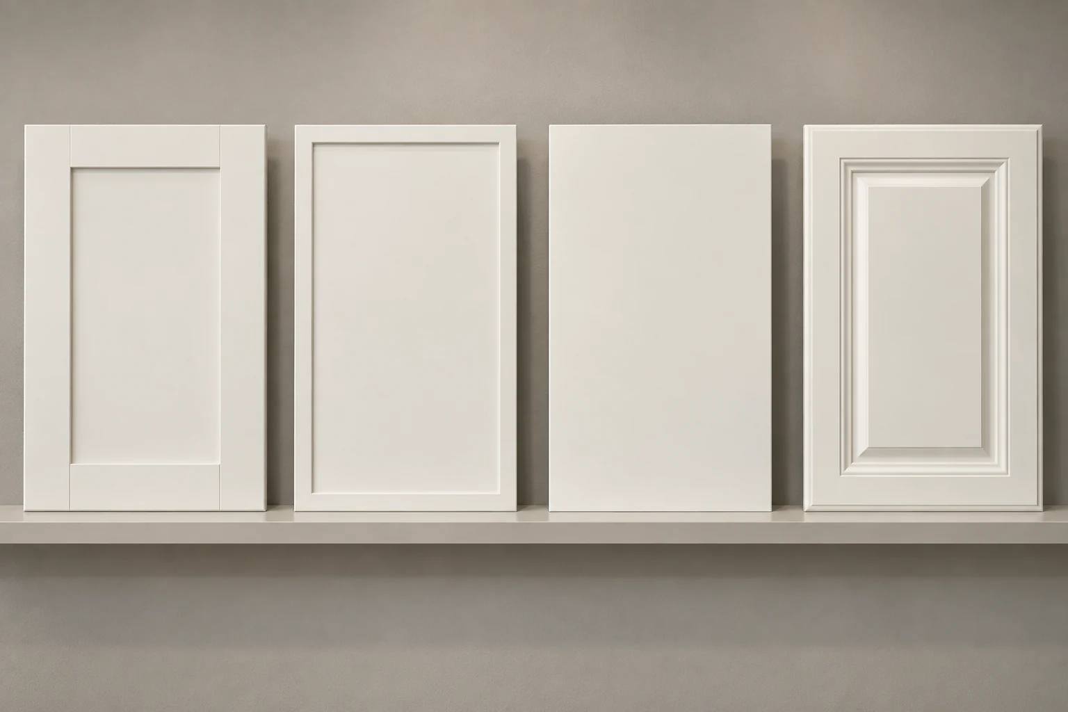 Illustrative example: four cabinet door styles, left to right: Shaker, Slim Shaker, Slab and Raised Panel