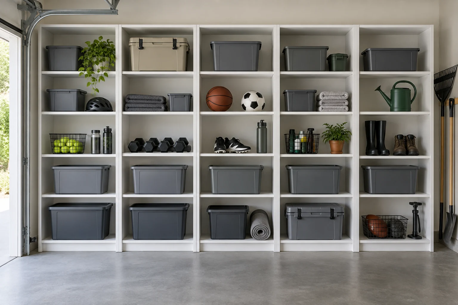 Illustrative example: open garage shelving with bins and sports equipment