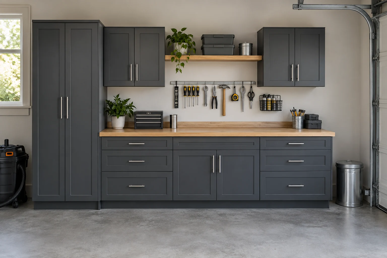 Illustrative example: charcoal garage cabinets around a wood workbench