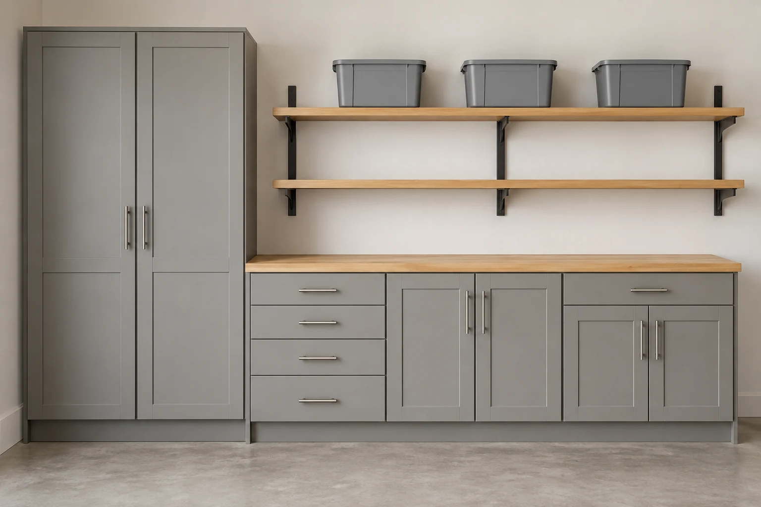 Illustrative example: gray garage cabinets, a work surface and open shelving