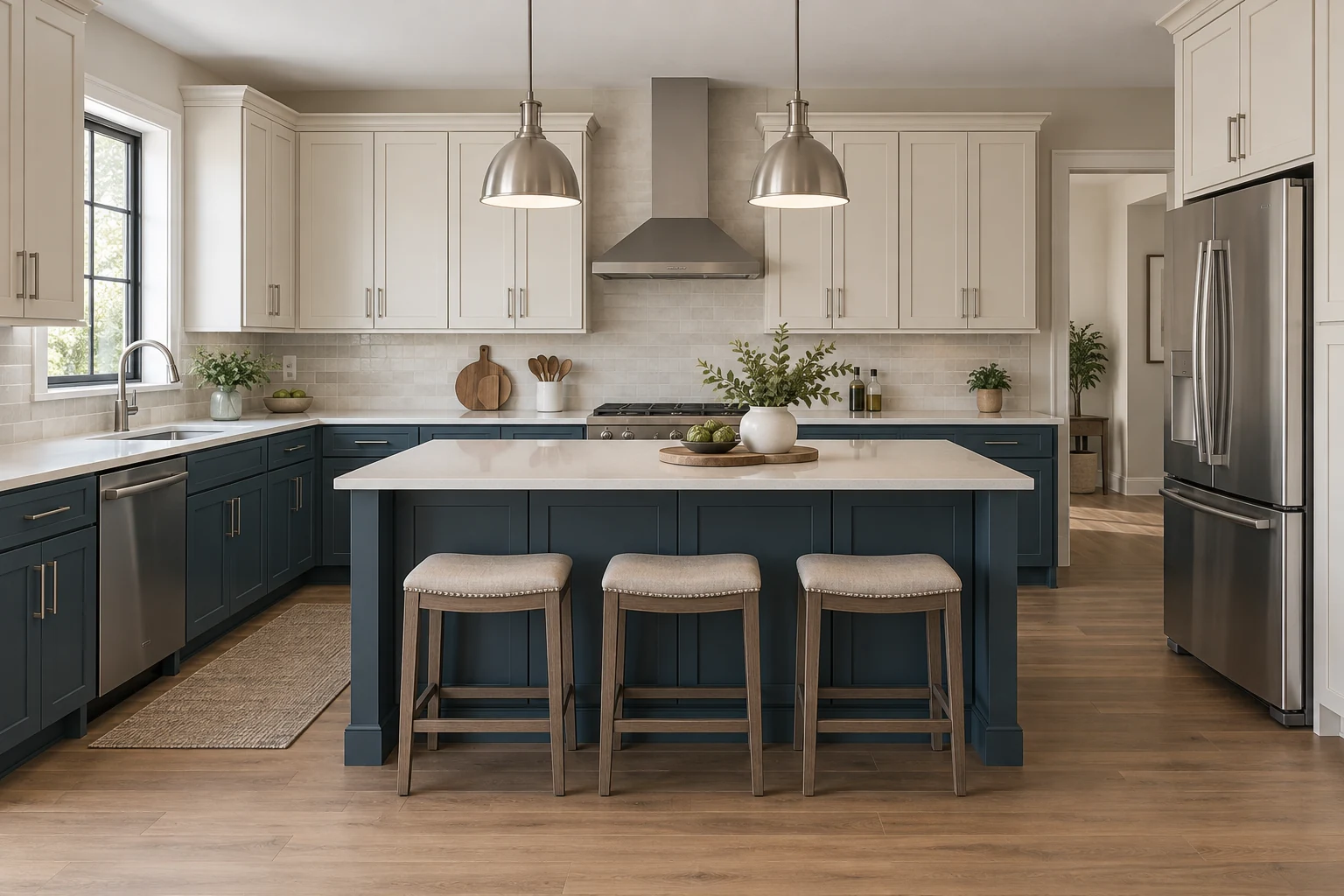 Illustrative example: two-tone kitchen with warm off-white uppers, blue-green lower cabinets and island, and nickel hardware