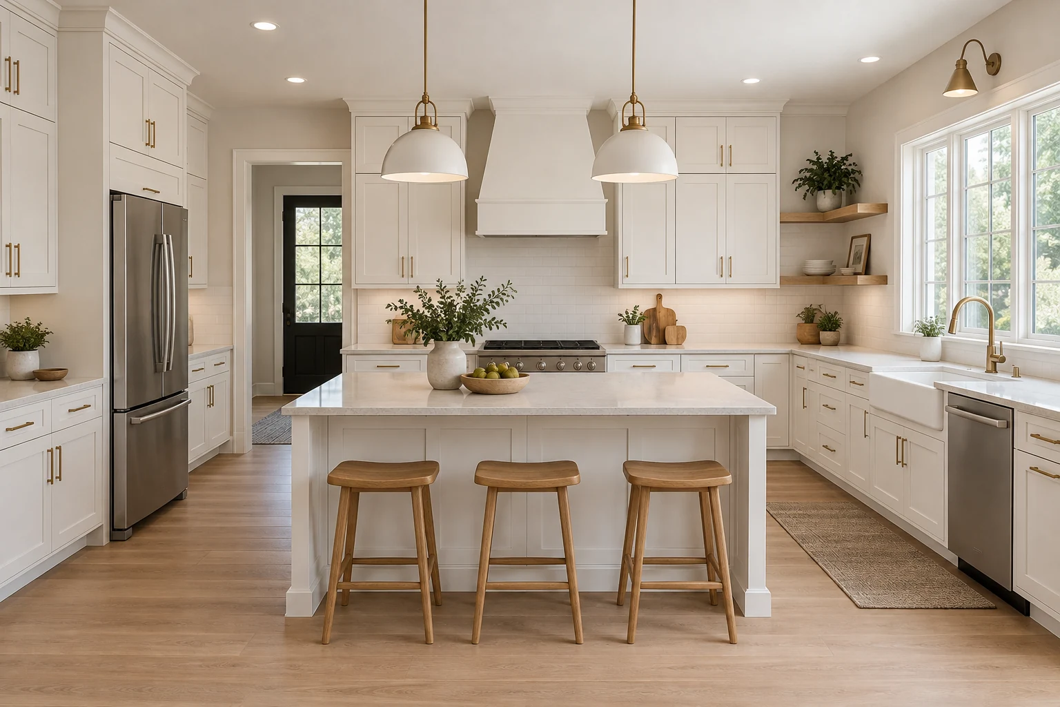 Illustrative example: warm white Shaker kitchen with brass hardware and an island