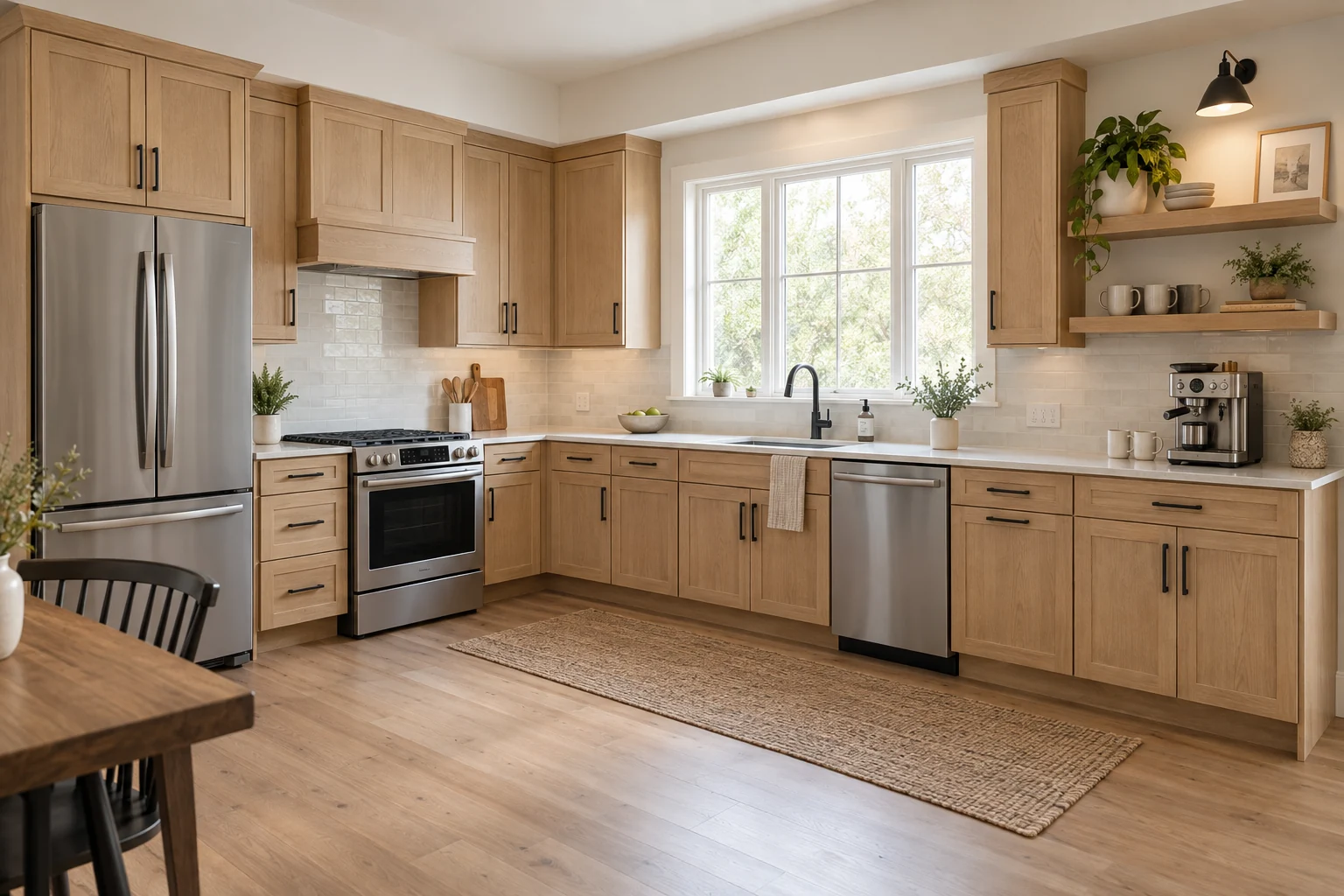 Illustrative example: natural oak kitchen with black hardware and a coffee area, without an island